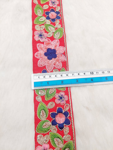 Red Silk Fabric Embroidered Trim, Floral Embroidery Indian Sari Border Trim By Yard Decorative Trim Craft Lace, Sequins Trim